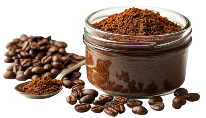 Freshly ground coffee in a jar, surrounded by whole coffee beans, perfect for a cozy morning or coffee shop imagery.