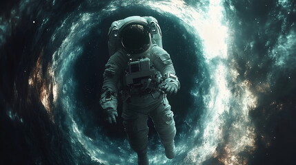 Fototapeta premium Astronaut Confronts Cosmic Abyss Near Swirling Black Hole