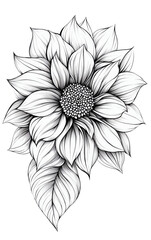 Hand-drawn sunflower illustration with intricate leaf designs, perfect for floral art projects and nature-themed decorations.