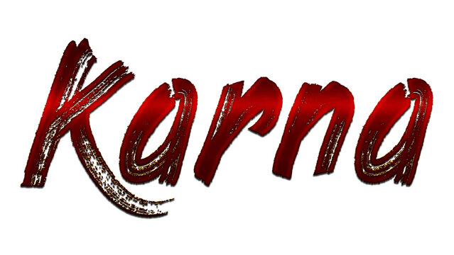 3D blood red Hindi word design of Karna on white background.