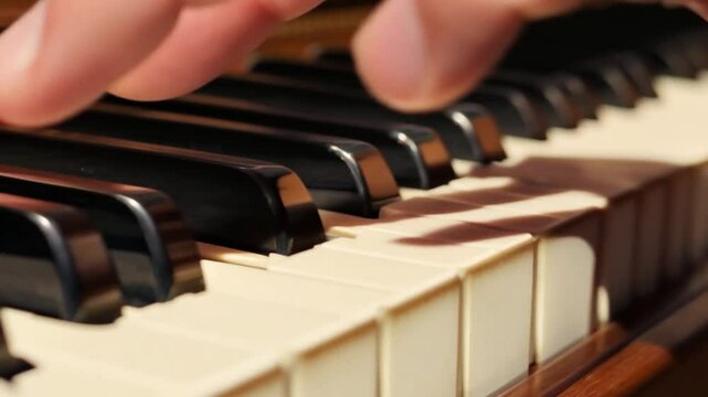 Close-up of piano keys, showing white and black keys in a row.