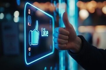 Neon Blue Thumbs Up in a Futuristic Digital Environment