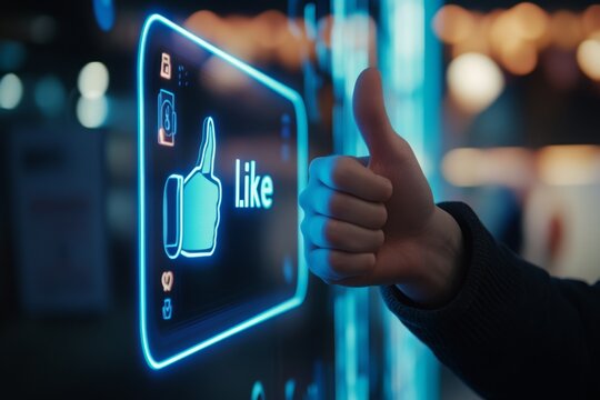 Neon Blue Thumbs Up in a Futuristic Digital Environment