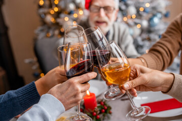 Close up shot of family toasting wine at Christmas dinner