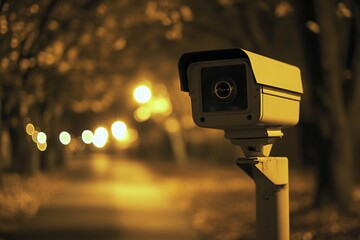 Surveillance Camera in Dimly Lit Urban Park at Night