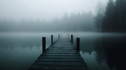 Fototapeta premium Serene fog-covered dock leading into a tranquil lake