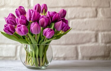 Fototapeta premium A vibrant bouquet of pink tulips in a clear vase on a white brick background indoors