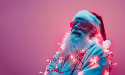 Positive smiling face Santa Claus with sparkling christmas lights decorations wrapped around him.