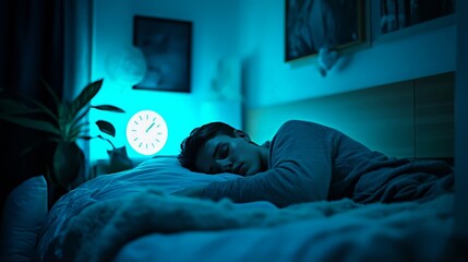 Sleep Patterns illuminated by soft lighting, showing someone peacefully sleeping in a comfortable bed, with a clock subtly in view