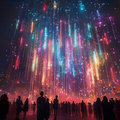 Fototapeta premium Spectacular colorful fireworks light up the night sky over a lively festival with palm trees