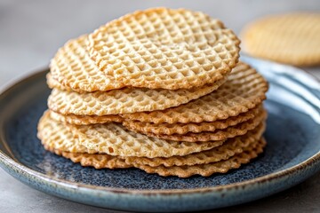 Stack of Round, Crispy, Waffle Cookies on a Blue Plate