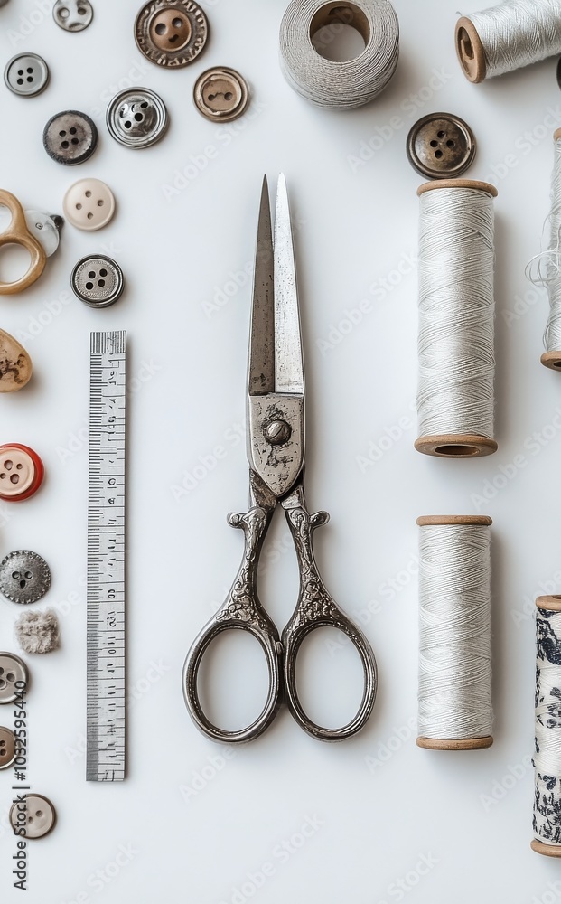 Aufkleber crafting supplies and tools neatly arranged on a white background with various threads and buttons