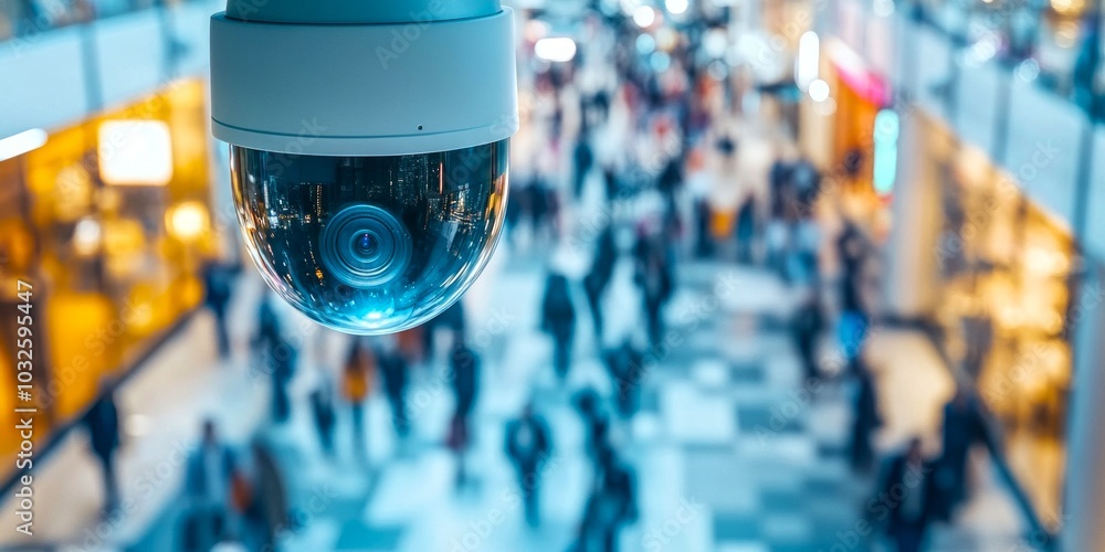 Aufkleber a close-up view of a security camera in a crowded shopping area. the lens is focused on the vibrant 
