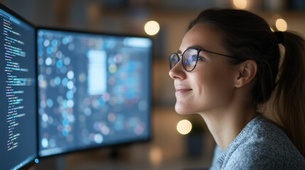 A focused person with glasses is working on a computer, surrounded by code on dual monitors in a softly lit room.
