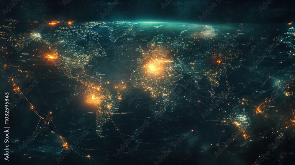 Poster world interactive map displaying global network of users. futuristic technology transformation. bann