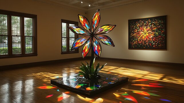 Colorful stained glass flower sculpture in an art gallery.