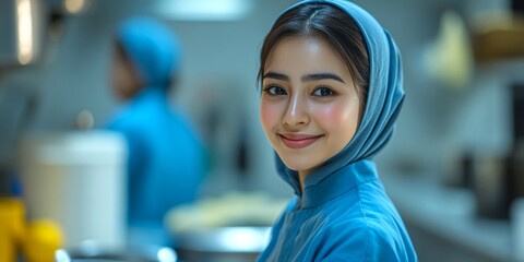 A young woman with a blue scarf smiles warmly in a cozy kitchen. She radiates joy and positivity. The image conveys a sense of comfort and approachability. Perfect for lifestyle themes. AI