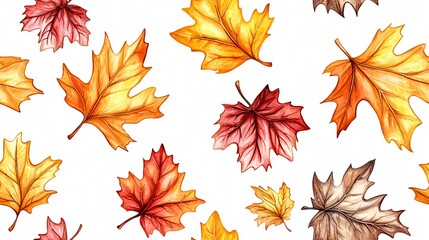 Fototapeta premium Vibrant Autumn Leaves: A Hand-Drawn Botanical Art Collection Celebrating Seasonal Foliage
