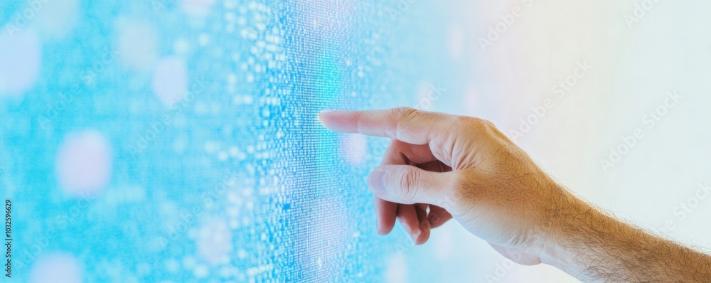 Poster hand interacting with digital interface in modern technological setting