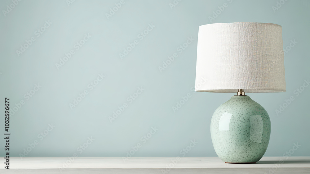 Poster a simple table lamp with a pastel green base and white lampshade is placed on a minimalist surface a