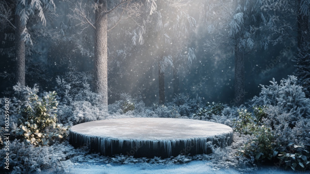 Poster A circular platform sits quietly in a winter forest, blanketed in snow. Surrounding it are tall, frost-covered trees, creating a serene and tranquil atmosphere illuminated by soft, diffused light.