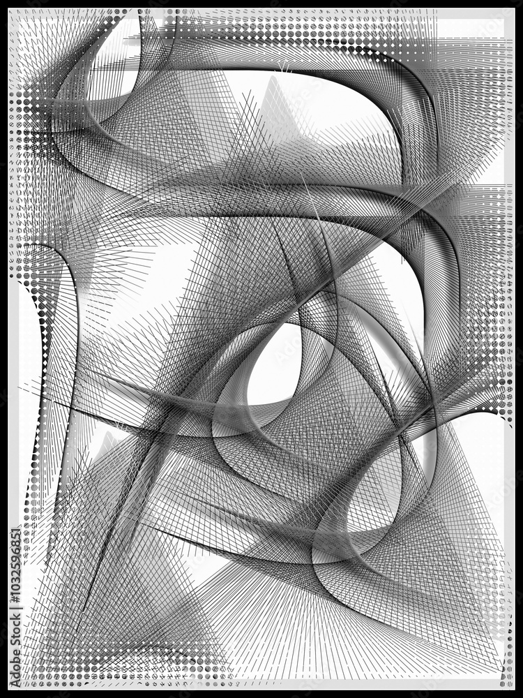 Poster string art abstract pattern in black on white with halftone frame