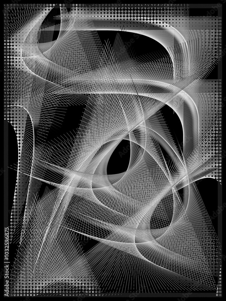 Poster a string art design pattern in white on a black background with halftone frame