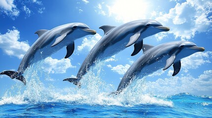 Fototapeta premium Dolphins leaping over ocean waves under a sunny sky.