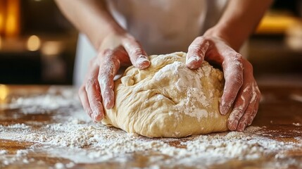 Unas manos amasando masa de pan sobre una mesa de madera, cubiertas de harina, en una cocina.
