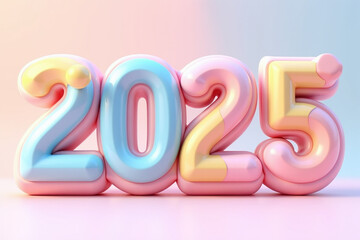 A captivating 3D rendering of the Name"Happy New Year 2025" logo, featuring a stunning, rounded font in pastel shades of pink, blue, and yellow	
