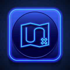 Map, route simple icon vector. Flat design. Blue neon style on button. With shadow