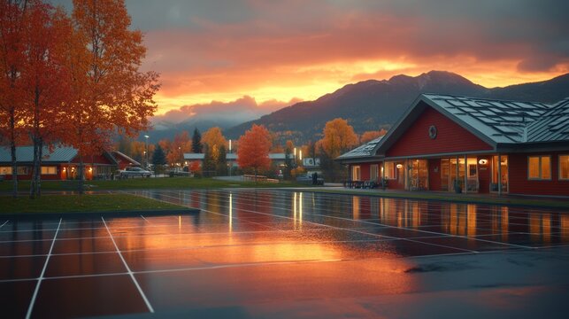 Una escena de un atardecer reflejado en charcos de agua frente a casas de campo, con monta&ntilde;as al fondo y &aacute;rboles oto&ntilde;ales.

