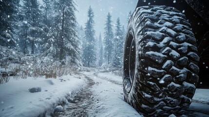A tire is prominently displayed on a snow-dusted trail winding through a serene winter forest. Snowflakes fall gently, creating a tranquil and picturesque atmosphere amidst the tall evergreen trees.