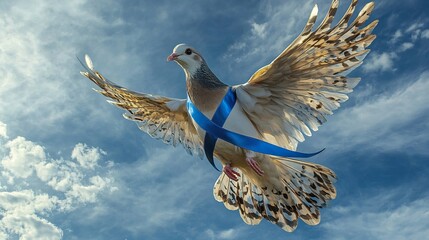 A white and brown pigeon with a blue ribbon flies against a bright blue sky with fluffy white clouds.