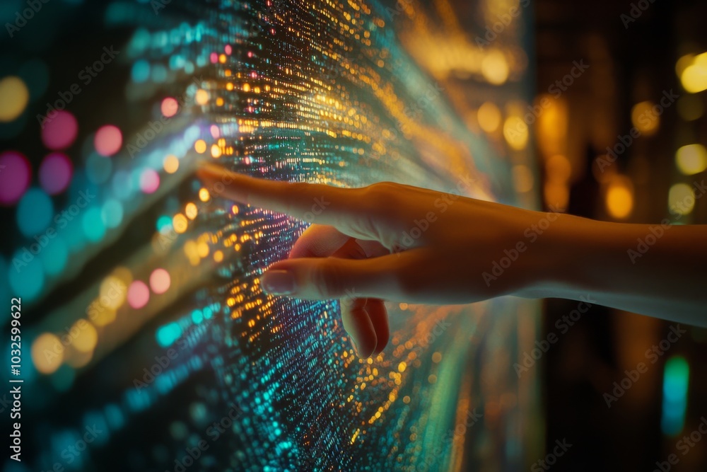 Poster futuristic interface with hand touching light display