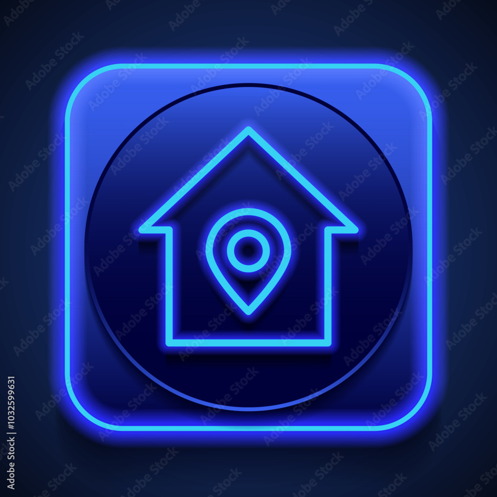 Poster location pointer, house simple icon vector. flat design. blue neon style on button. with shadow