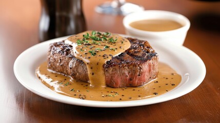 Un jugoso filete de carne con salsa de pimienta sobre un plato blanco, perfecto para una comida contundente.

