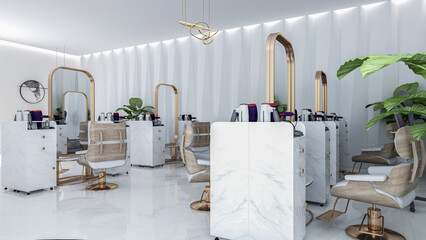 Modern Luxury Beauty Salon Interior with Marble and Gold Accents, 3D Rendering