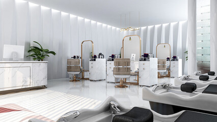 Modern Luxury Beauty Salon Interior with Marble and Gold Accents, 3D Rendering