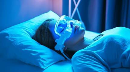Sleep Apnea Solutions illuminated by clear lighting, showing a person using a CPAP machine while sleeping peacefully in bed