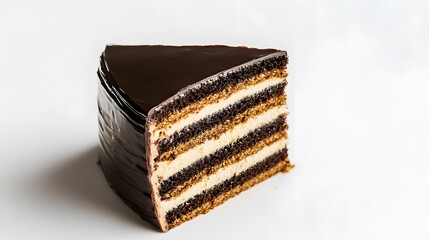 Realistic close-up of a slice of opera cake with visible layers of coffee-soaked sponge, ganache, and buttercream on a white background