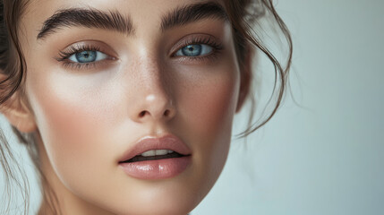 A young woman with glowing skin and long hair poses elegantly, showcasing natural beauty in a softly lit, neutral-toned setting