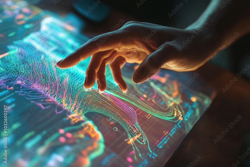 Poster interactive digital map with engaging neon visuals and hand gesture