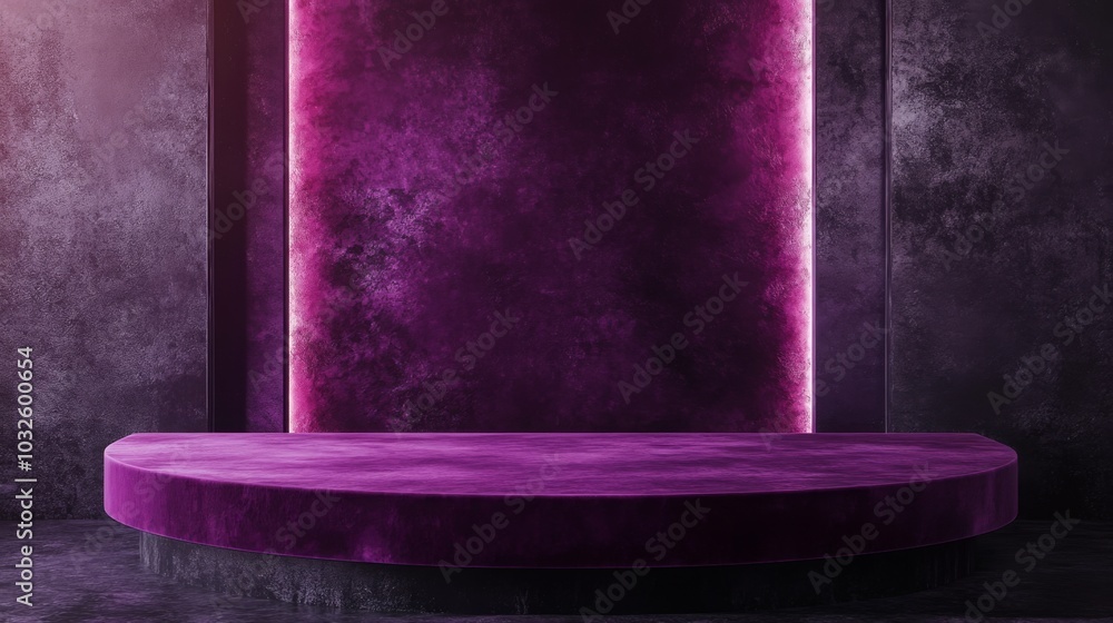 Aufkleber This setting features a circular velvet platform in rich purple, bathed in soft lighting. The backdrop adds a modern touch, creating an inviting atmosphere for performances or presentations.