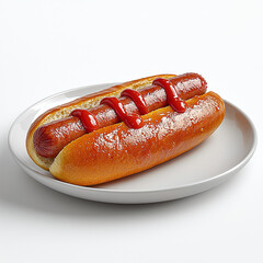 Classic Hot Dog with Ketchup on a White Plate - Perfect for Fast Food Advertising, Menus, and Culinary Presentations with a Focus on Simple and Delicious Street Food