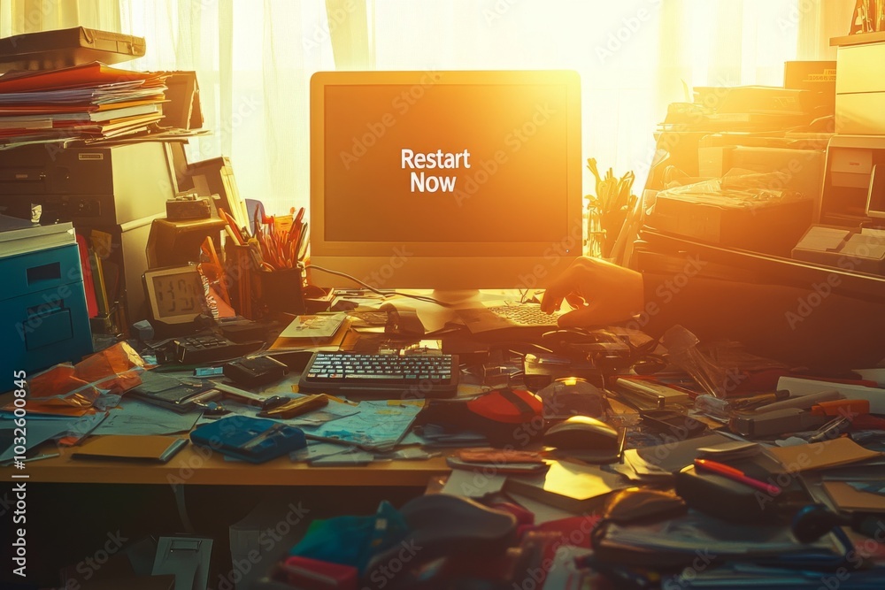 Aufkleber cluttered workspace with sunlit background and computer