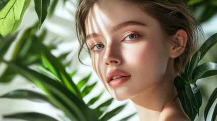 Naklejka premium A young woman with striking blue eyes poses gracefully amidst bright green tropical leaves in soft daylight