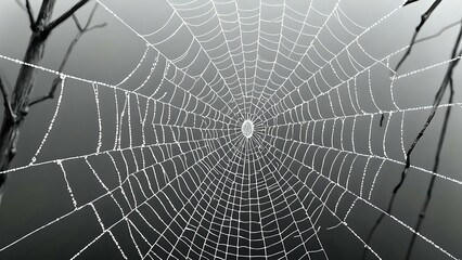 Obraz premium Dew-covered spiderweb in a foggy forest.