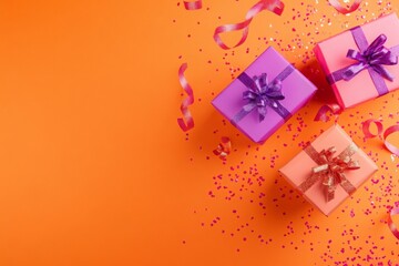 Obraz premium Vibrant Gift Boxes on Festive Orange Background with Confetti
