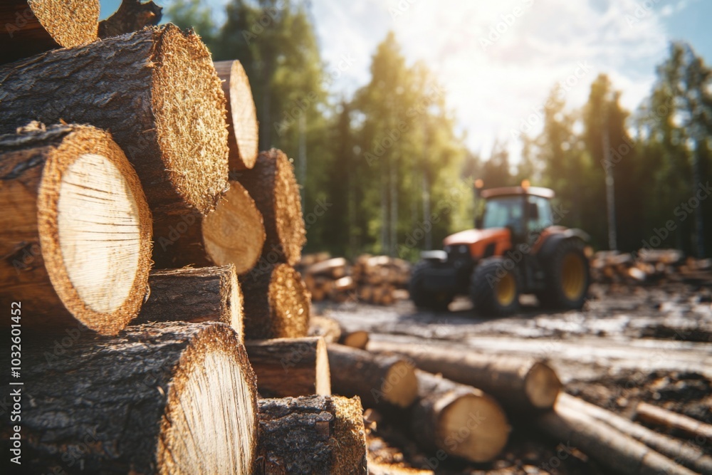 Poster sunlit forest logging scene with stacked timber and distant tractor